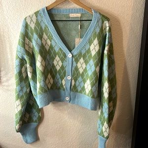 Light blue and green argyle cropped cardigan